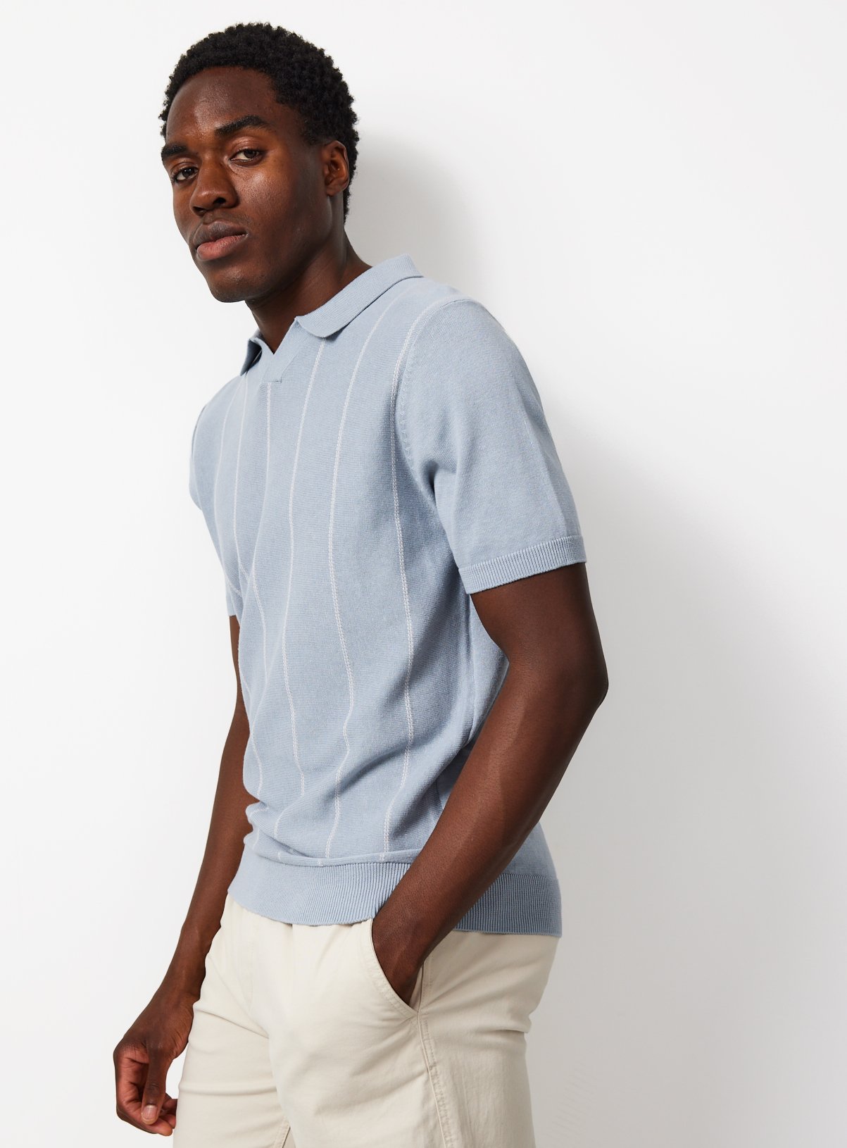 Stripe Linen Blend Trophy Neck Polo Shirt 