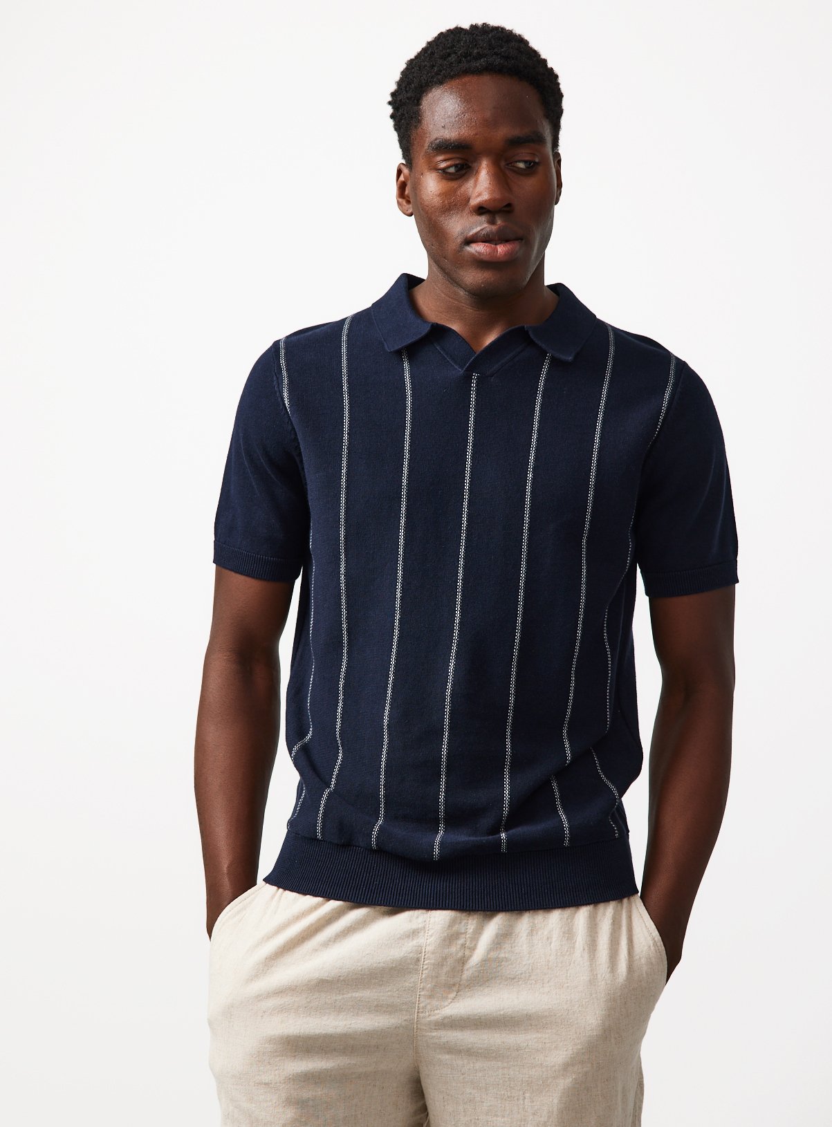 Navy Stripe Linen Blend Trophy Neck Polo Shirt XXXL