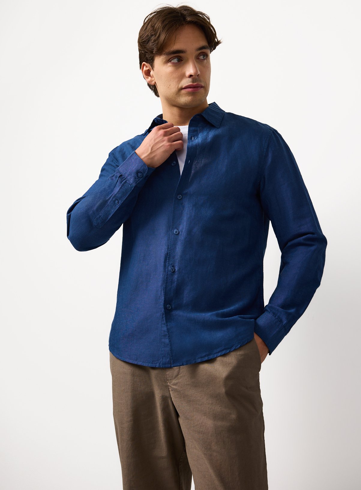 Indigo Linen Long Sleeve Button Up Shirt M