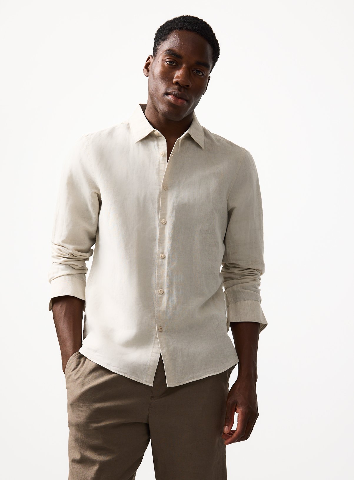 Stone Linen Long Sleeve Button Up Shirt XL