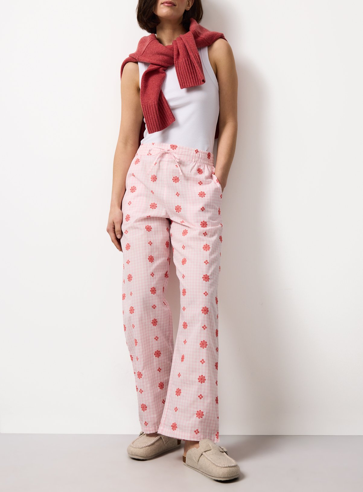 Pink Gingham Embroidered Detail Co-ord Pyjama Bottoms