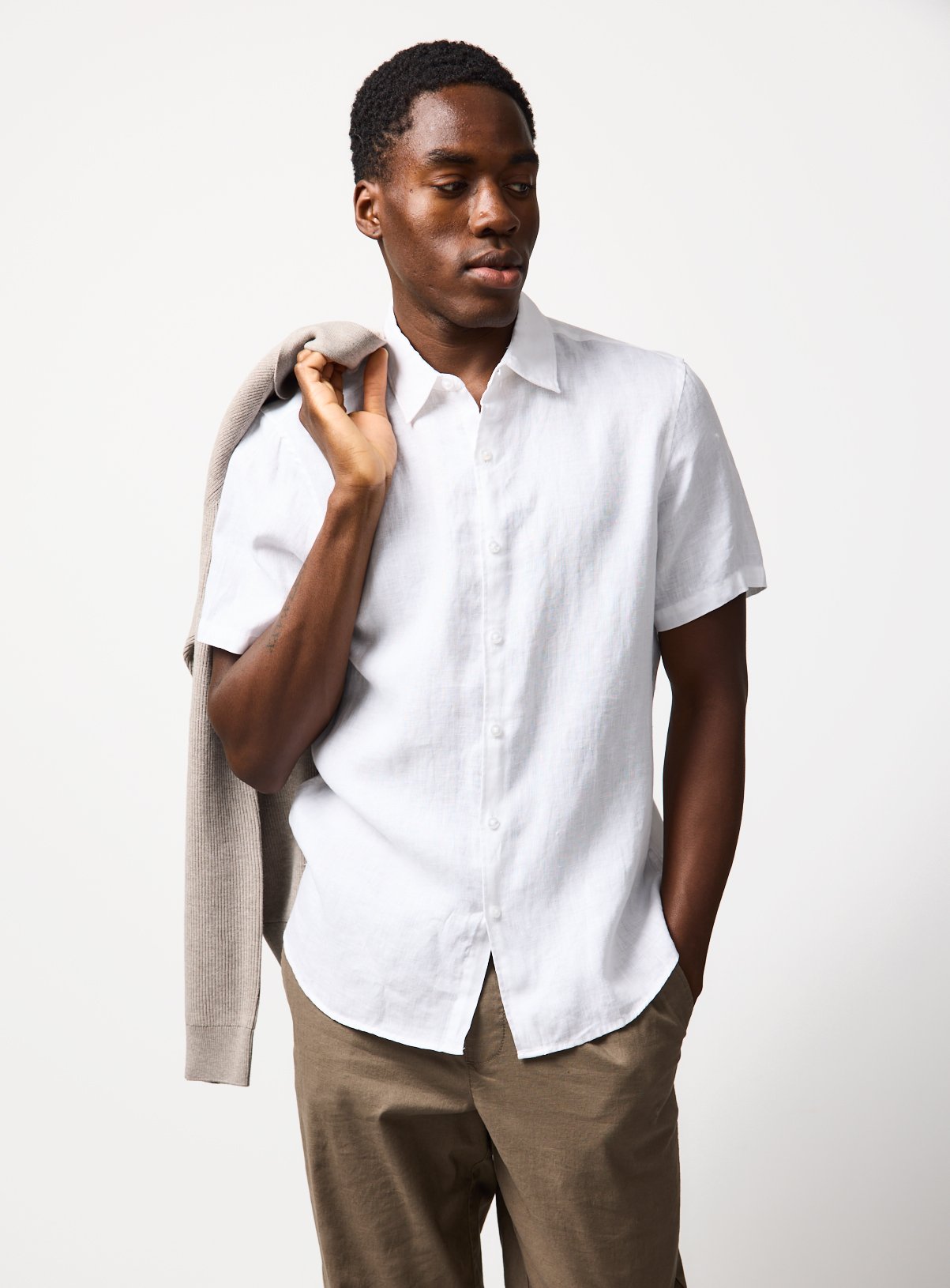 White Pure Linen Short Sleeve Shirt L