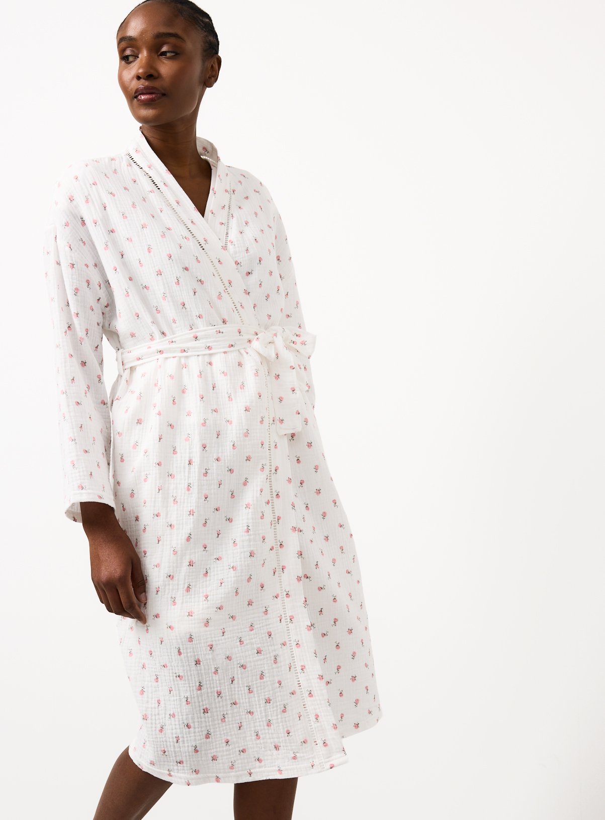 White Ditsy Floral Print Double Cloth Dressing Gown 