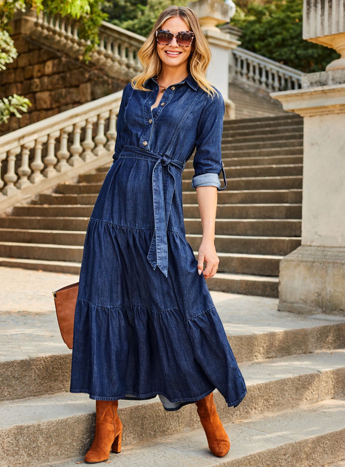 SOSANDAR Dark Indigo Tiered Hem Denim Midi Dress 