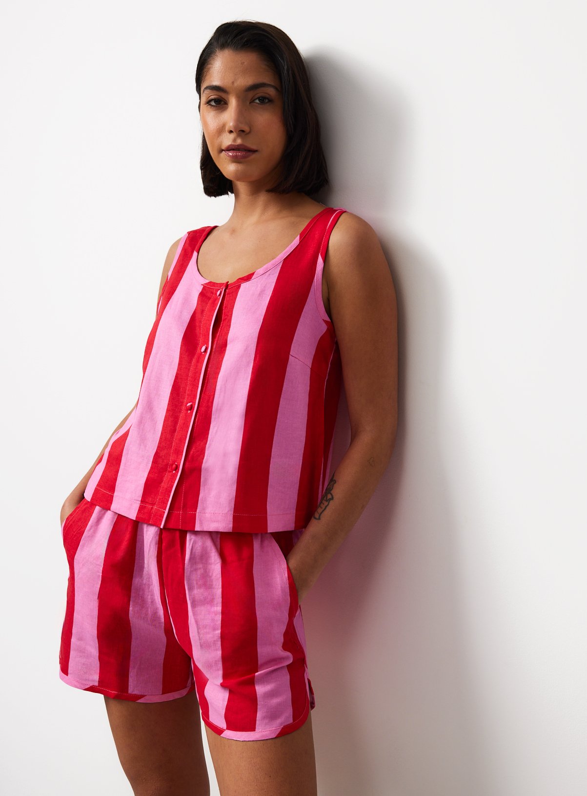 Pink & Red Stripe Linen Blend Shortie Pyjamas 
