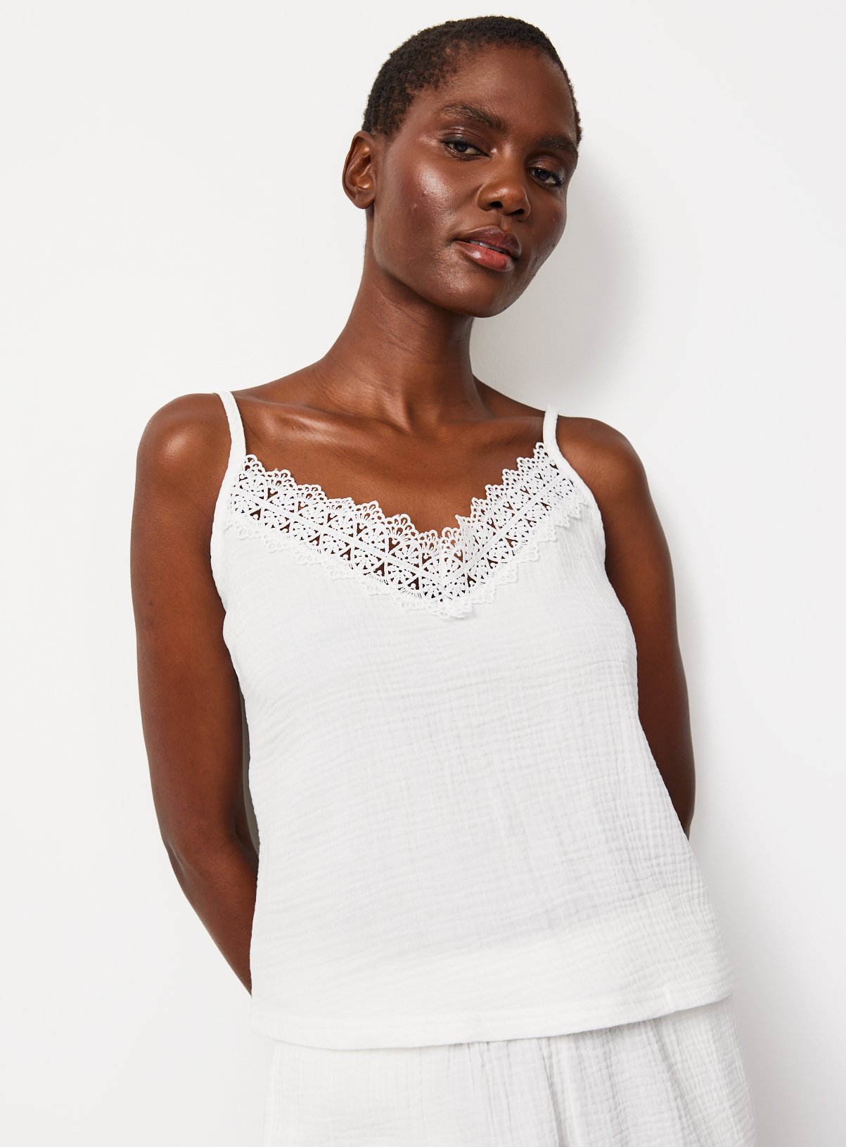 White Lace Trim Double Cloth Cami Pyjama Co-ord Top M
