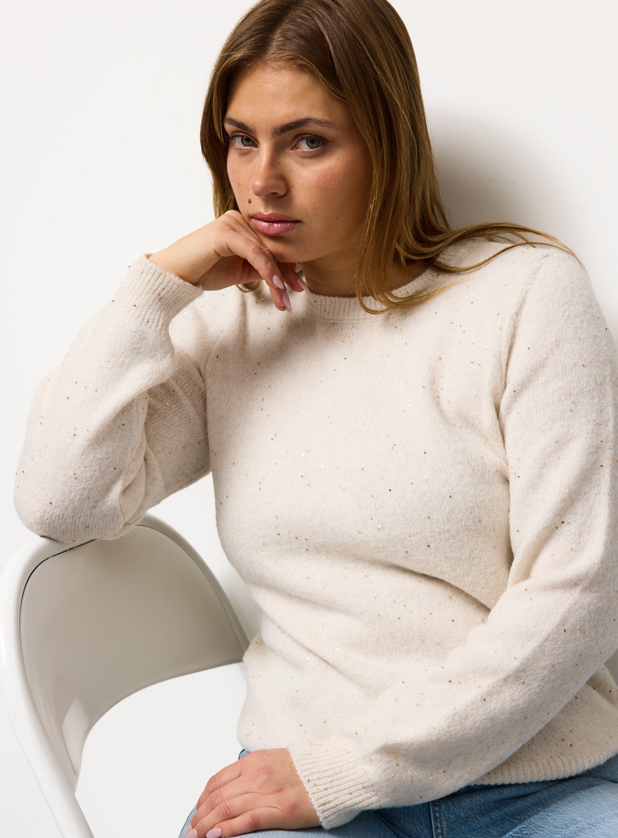 Cream Sequin Embellished Crew Neck Jumper 14