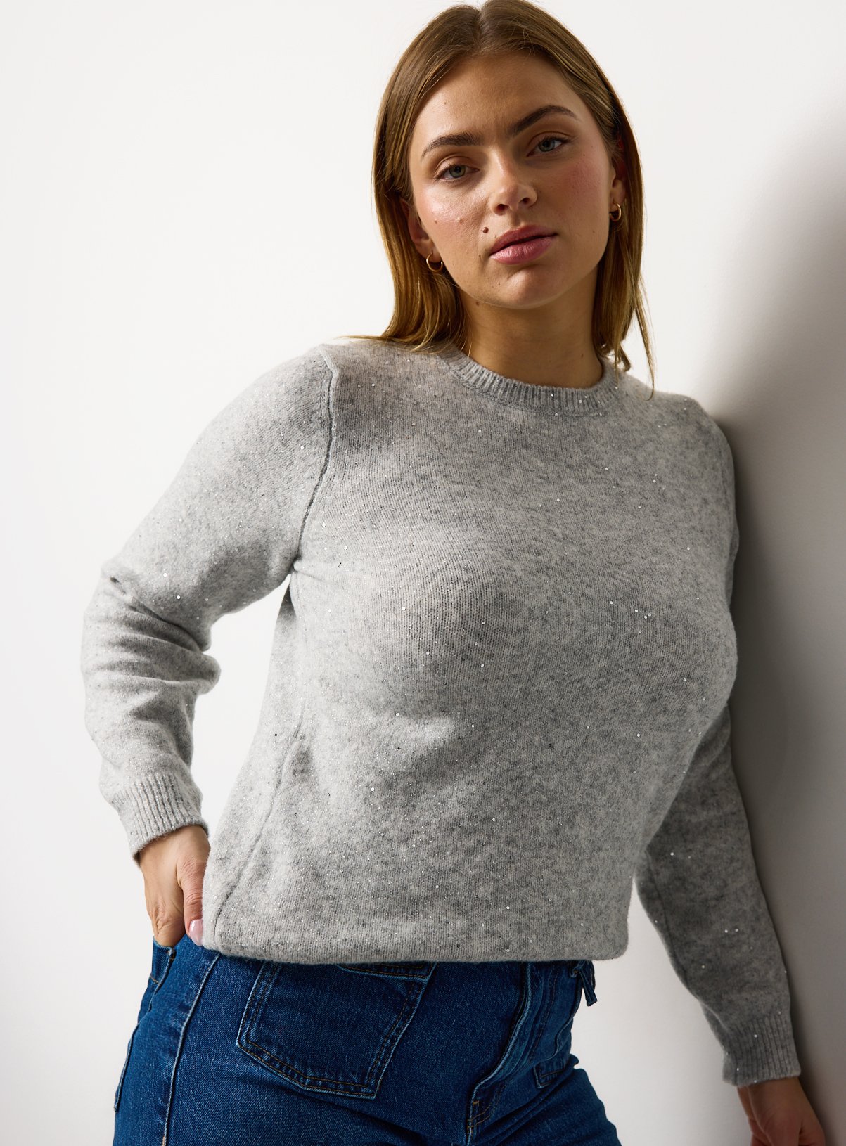 Silver Sequin Crew Neck Jumper 14