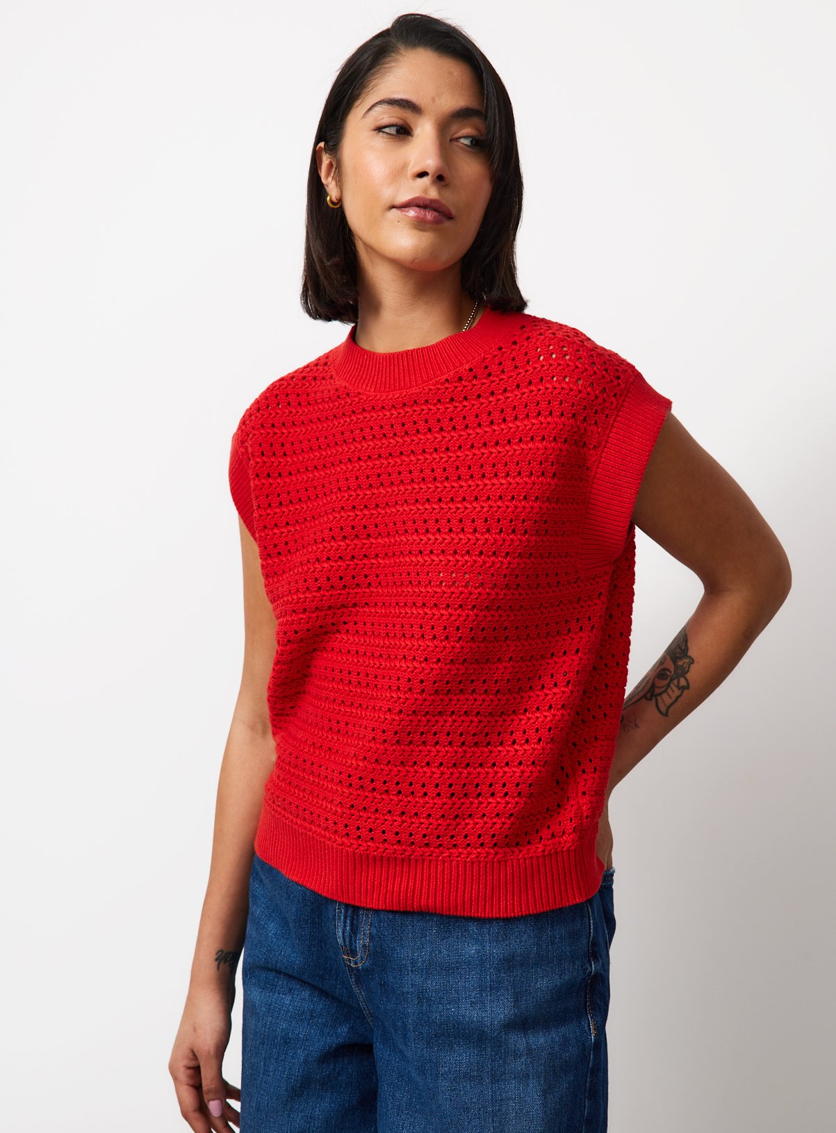 Red Airtex Cotton Crochet Style Knitted Tank Top M