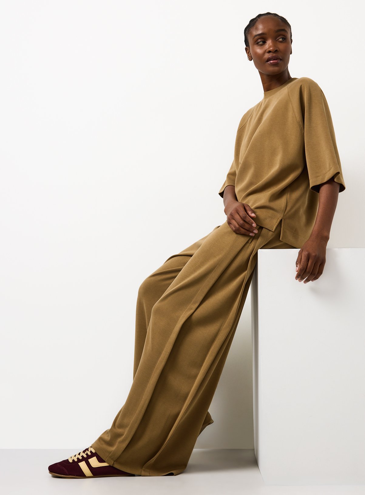 Tan Deep Pleat Wide Leg Co-ord Joggers