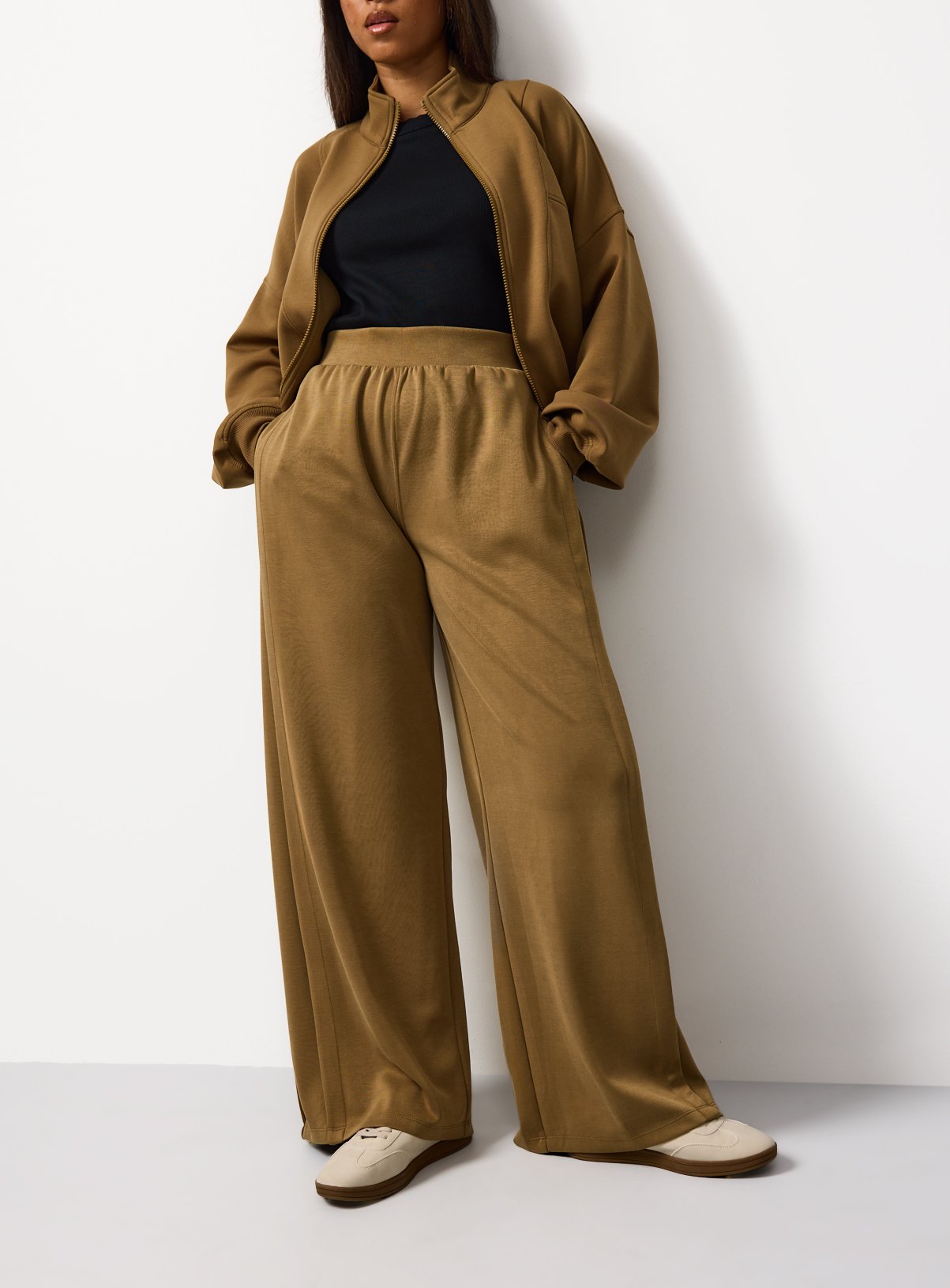 Tan Deep Pleat Co-ord Wide Leg Joggers 