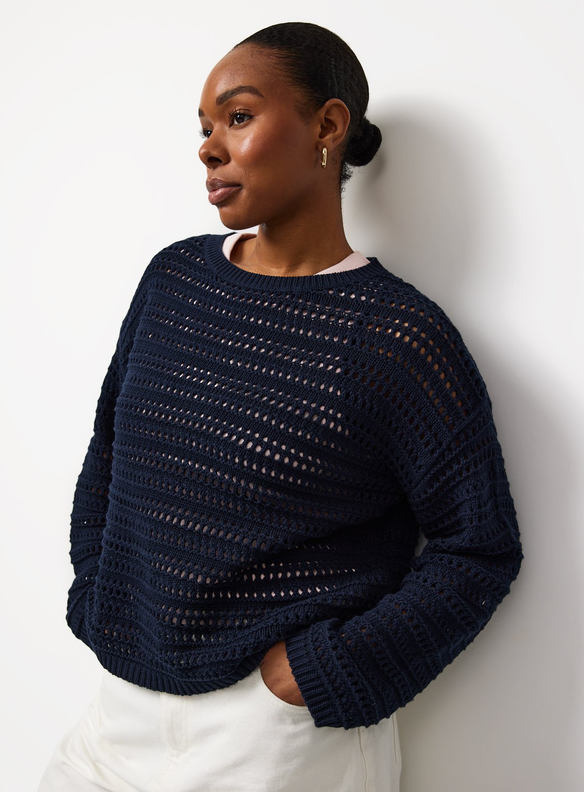 Navy Airtex Cotton Crochet Knit Jumper S