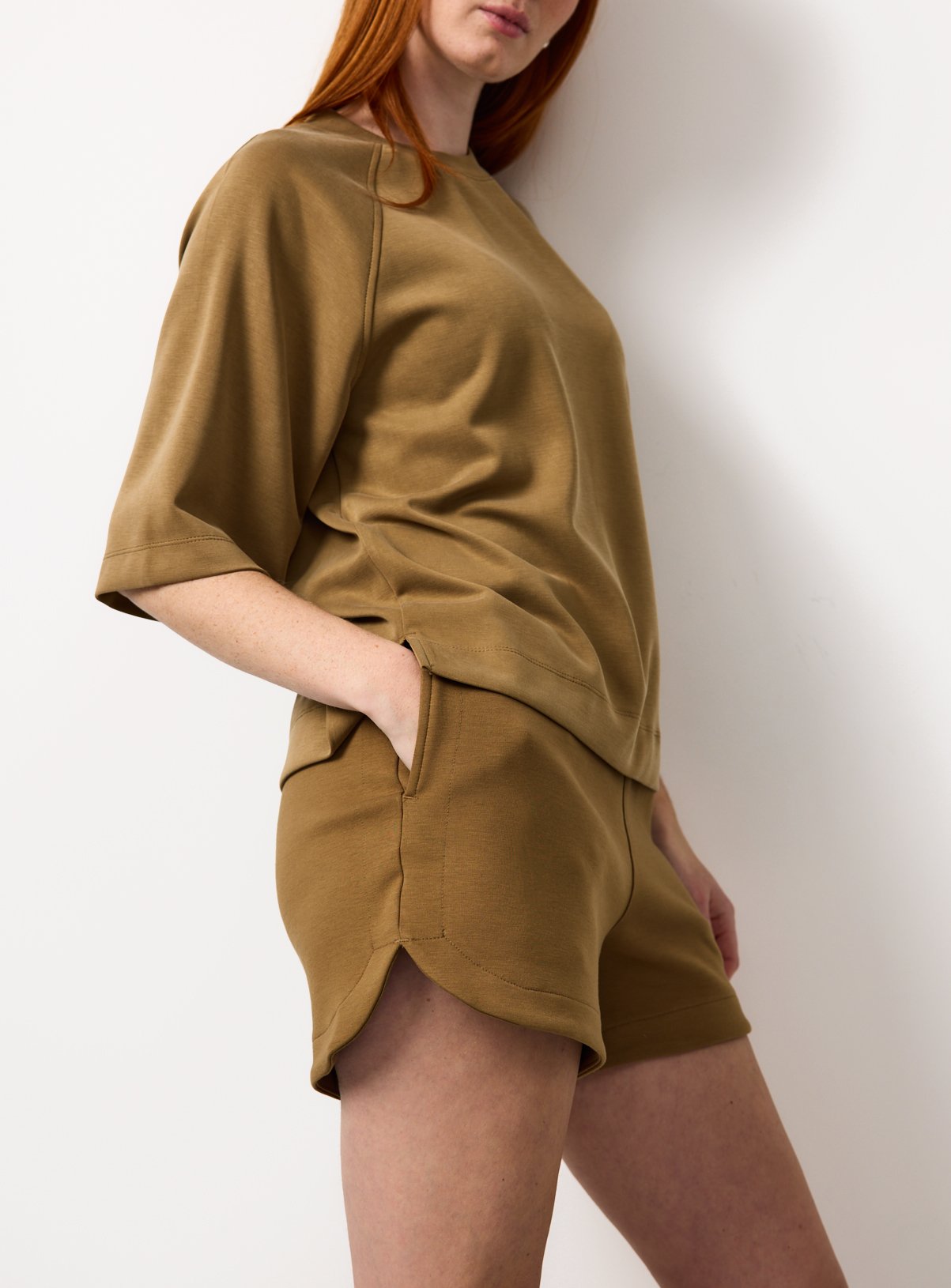 Tan Curved Hem Scuba Shorts 