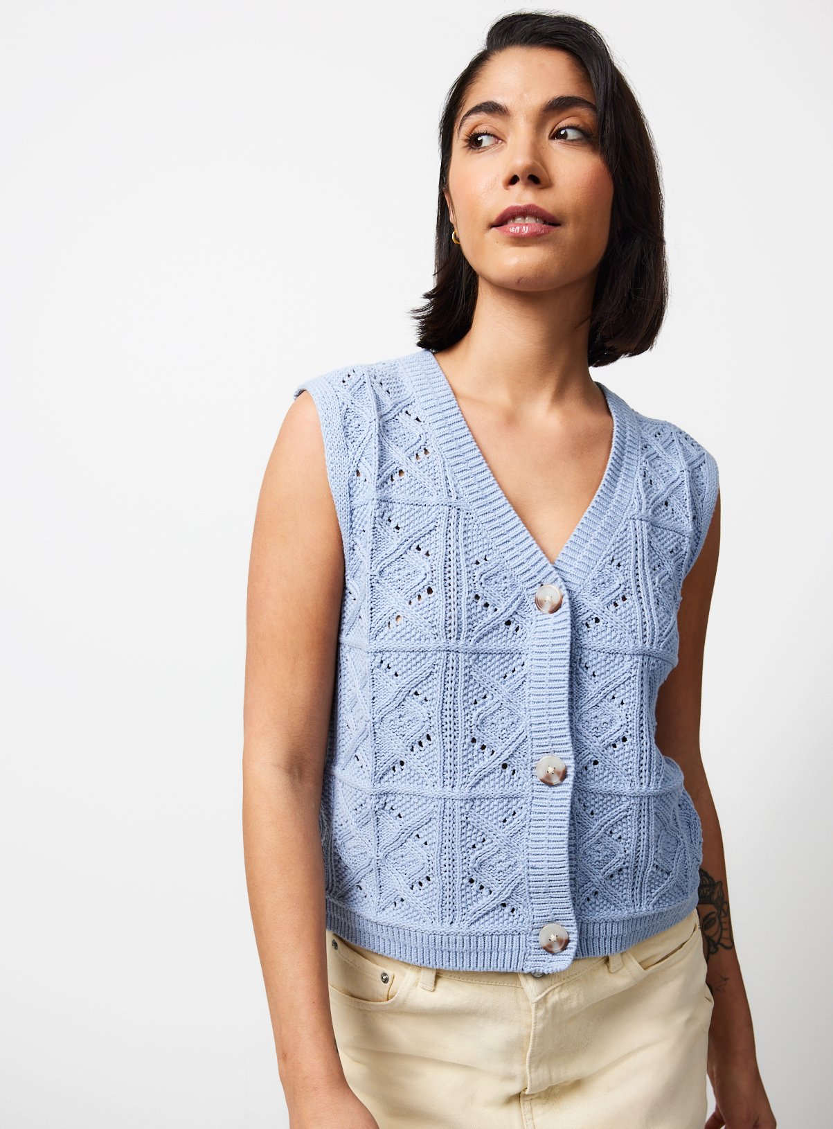 Blue Crochet Patchwork V-Neck Waistcoat M