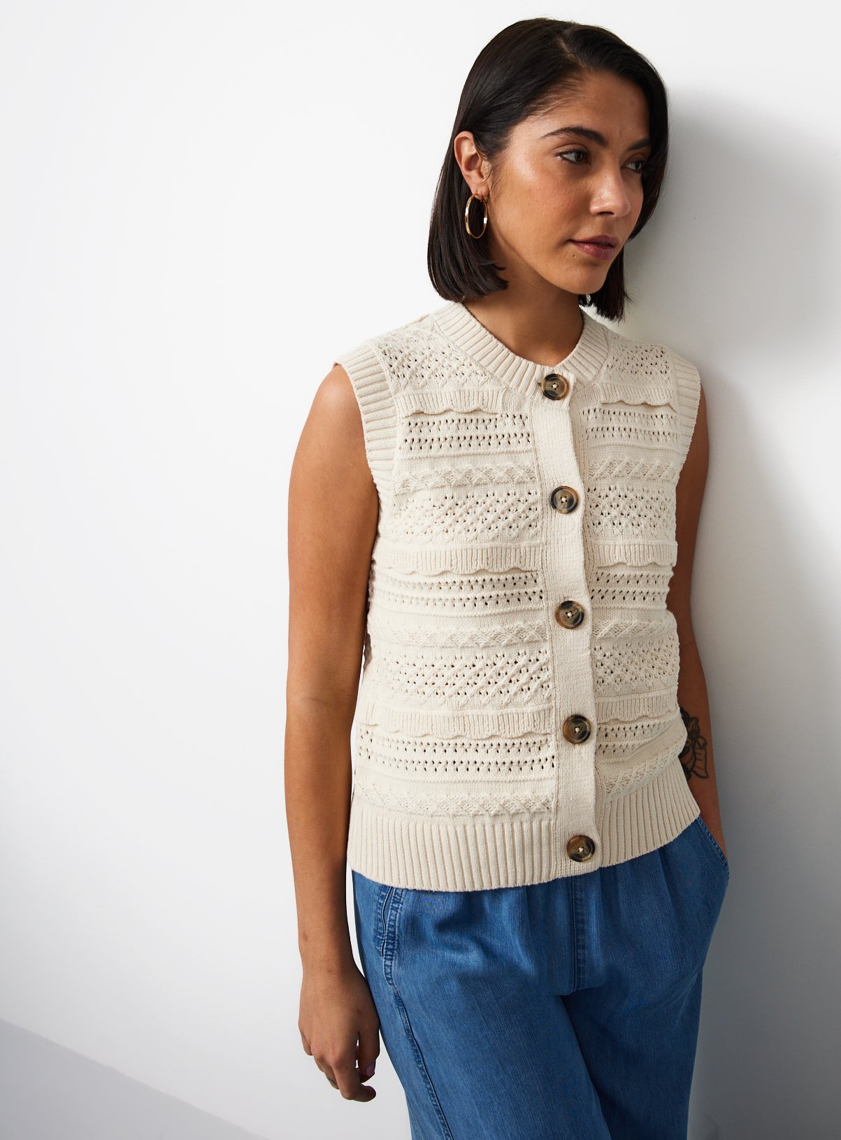 Neutral Scallop Stitch Pointelle Waistcoat