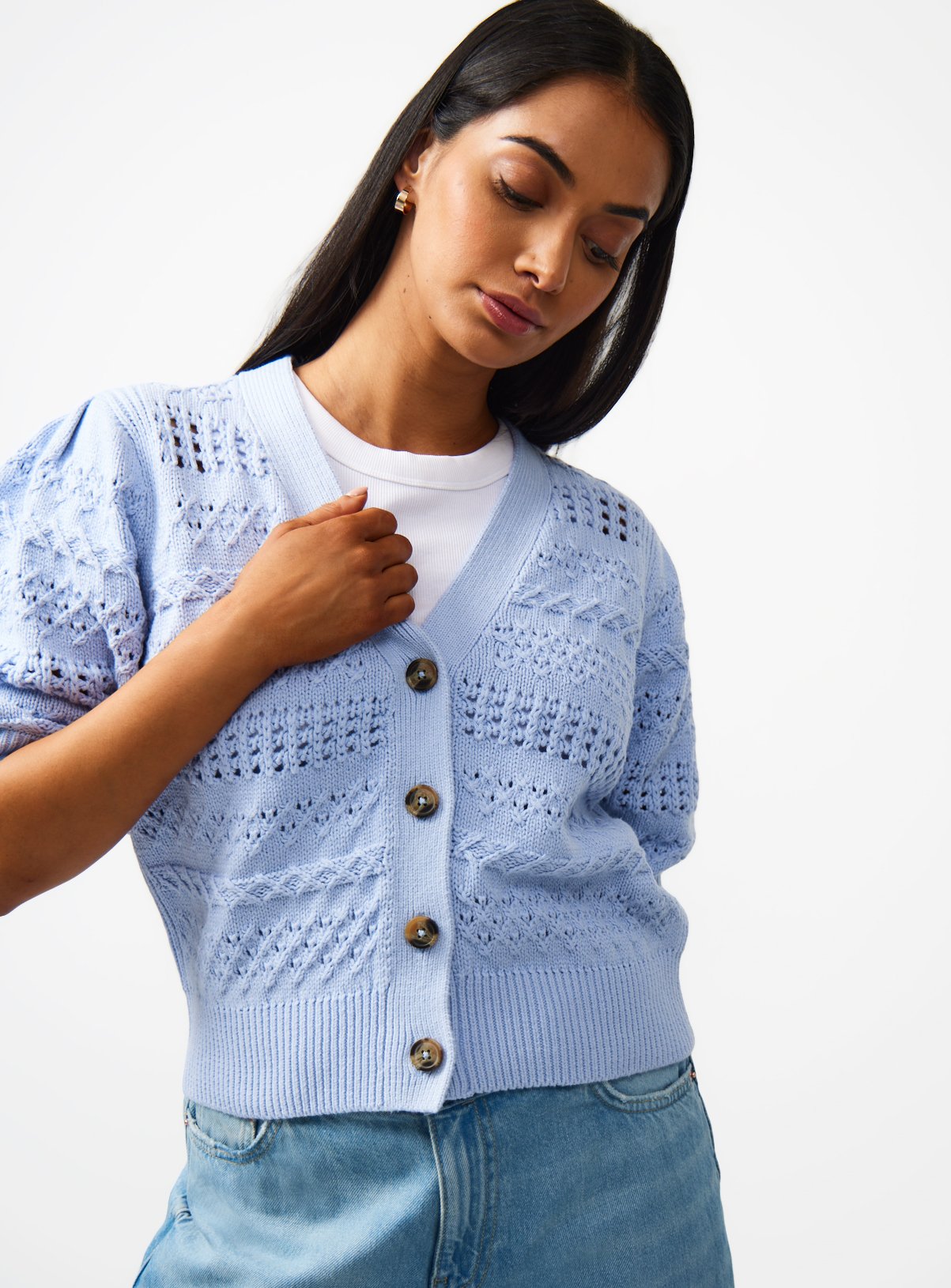 Blue V Neck Pointelle Cardigan L