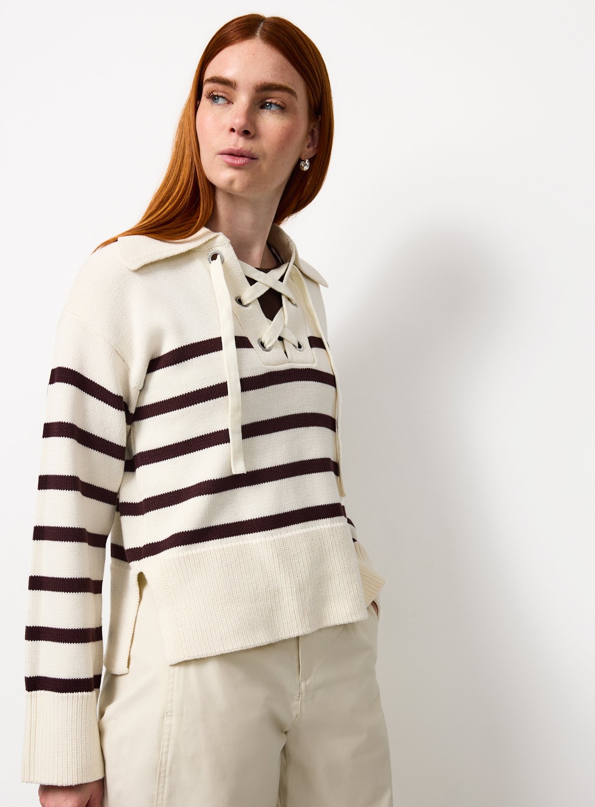 Cream Nautical Stripe Tie-Neck Jumper XL