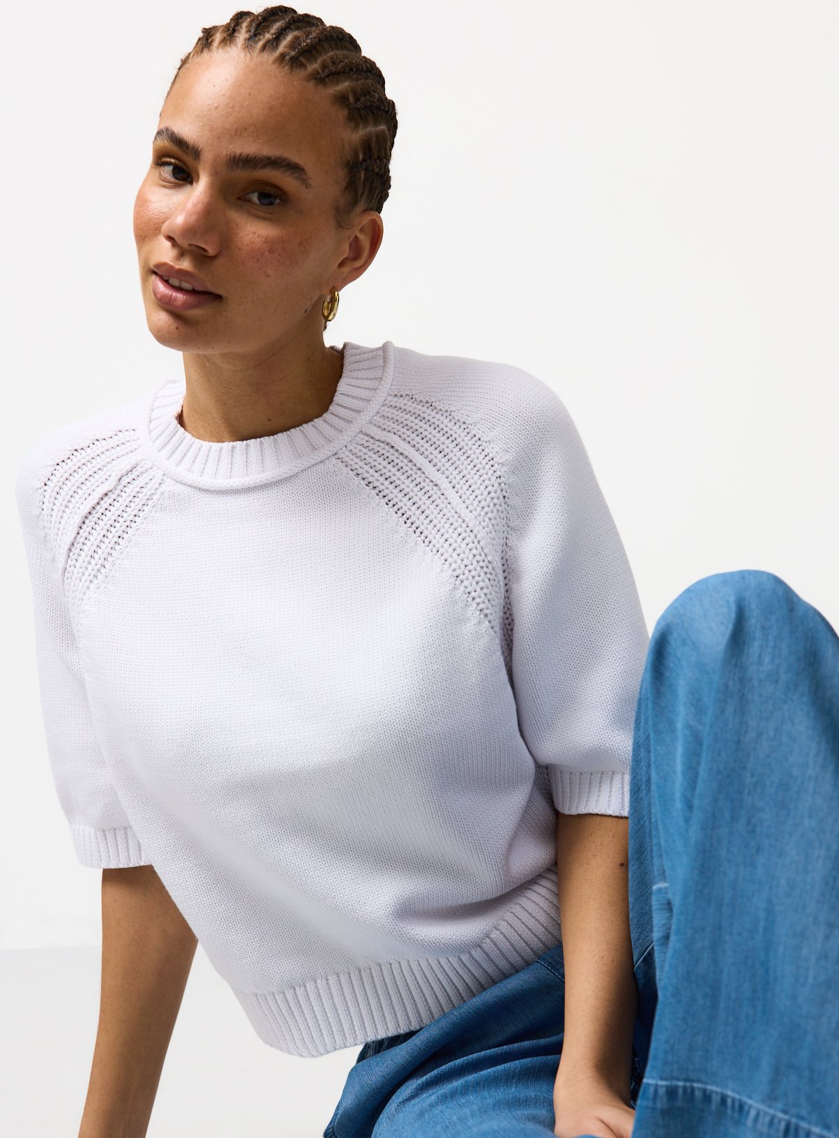 White Boxy Fit Knitted T-Shirt L