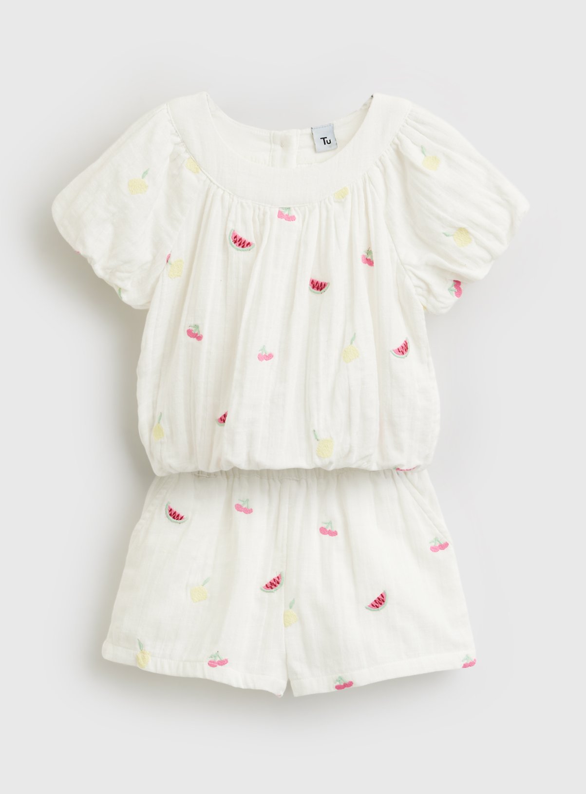White Fruit Print Bubble Hem Top & Shorts Set 