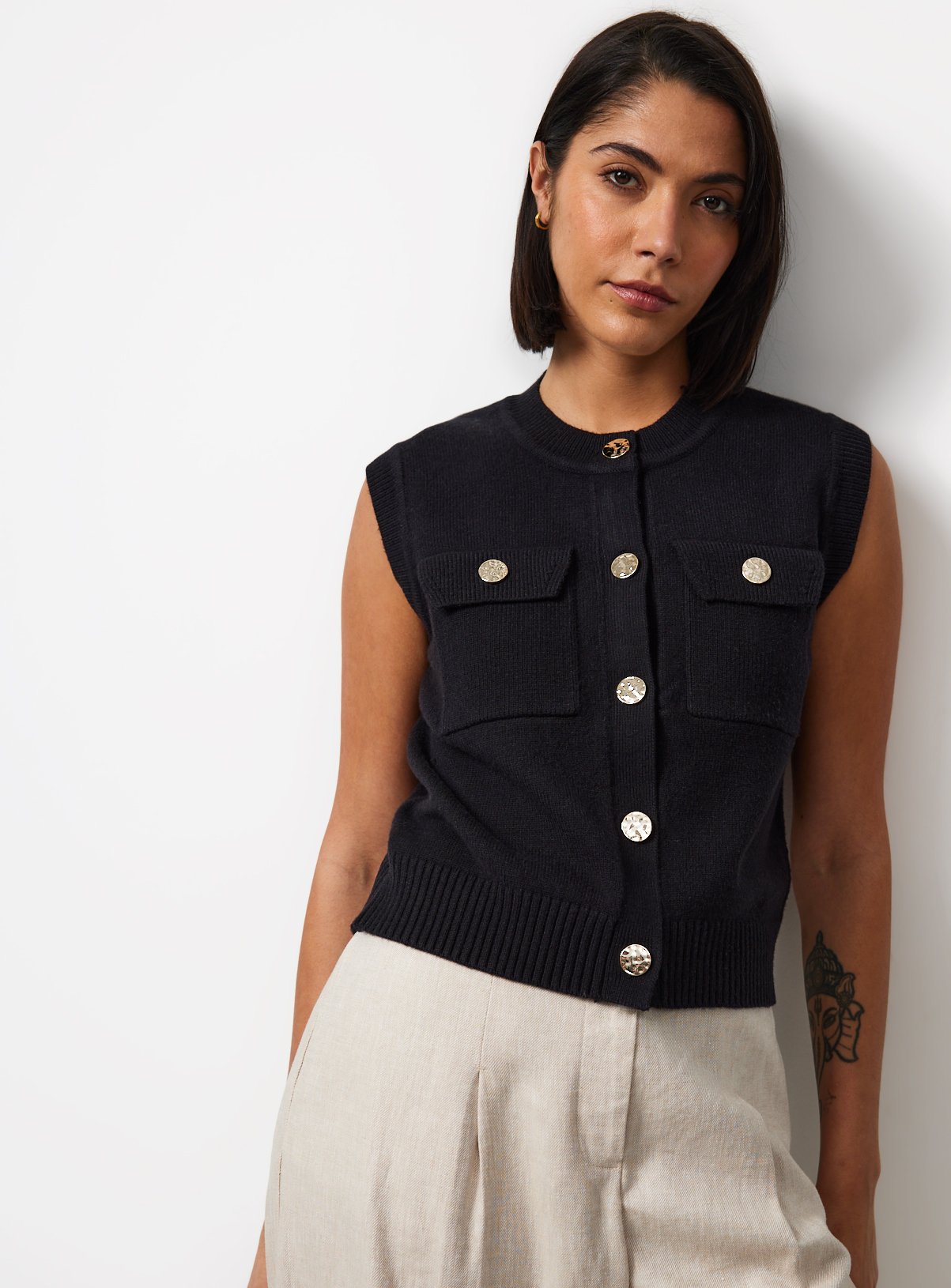 Black Gold Button Utility Knitted Waistcoat M