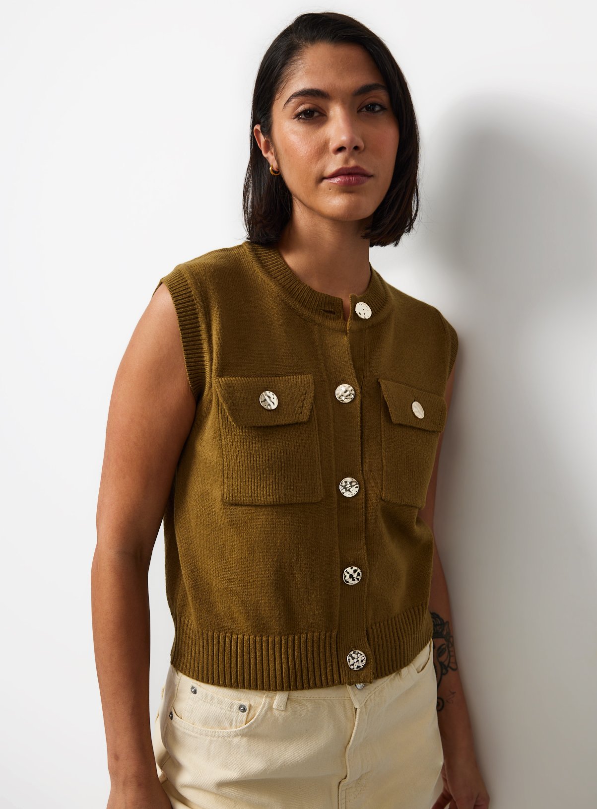Khaki Gold Button Utility Knitted Waistcoat S