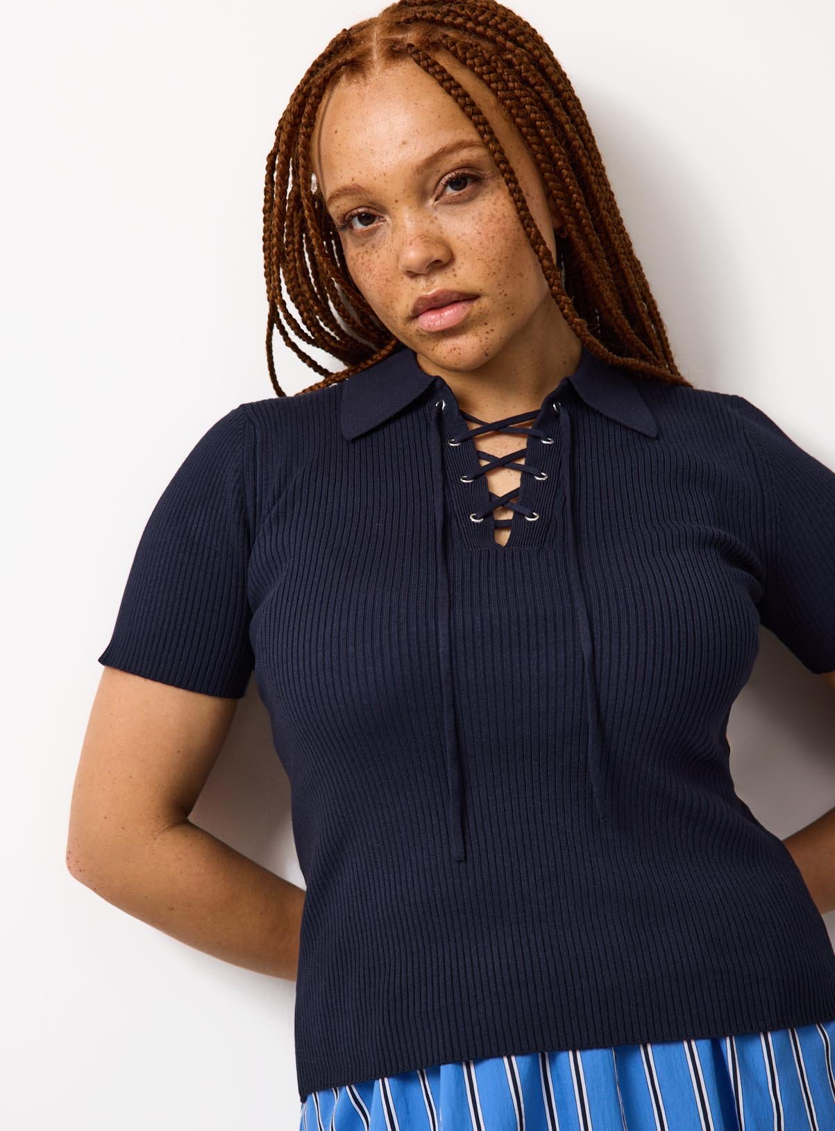 Navy Tie Front Knitted Polo Shirt