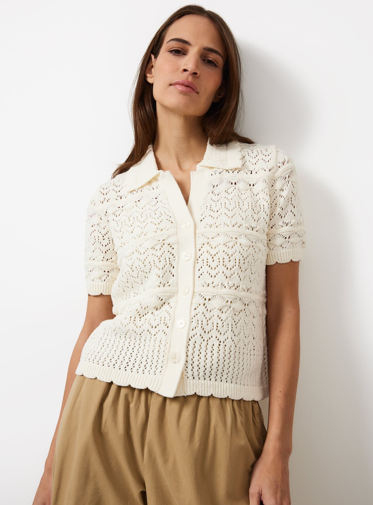 Cream Crochet Style Knitted Shirt M
