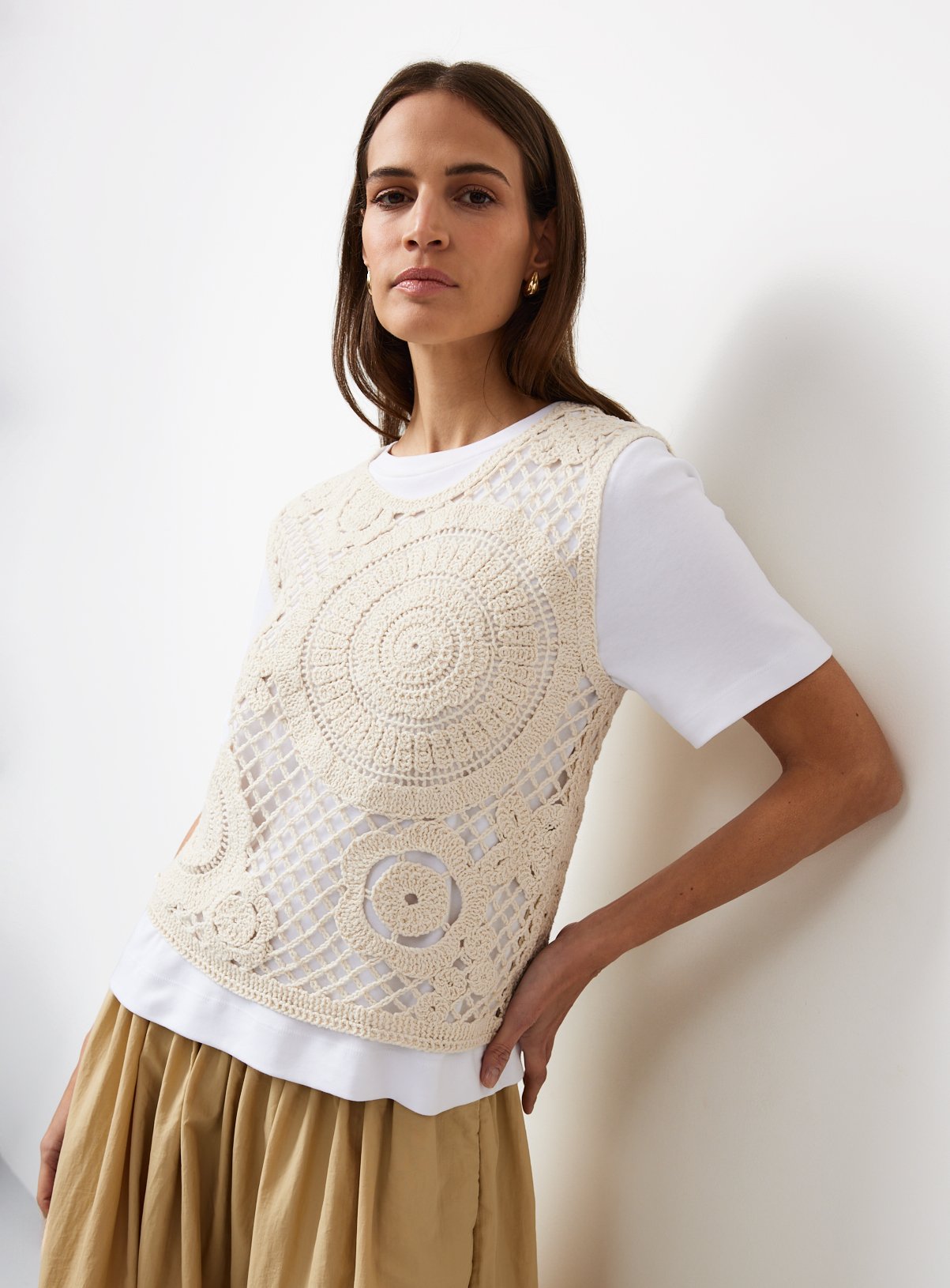 Neutral Crochet Circle Detail Vest Top L
