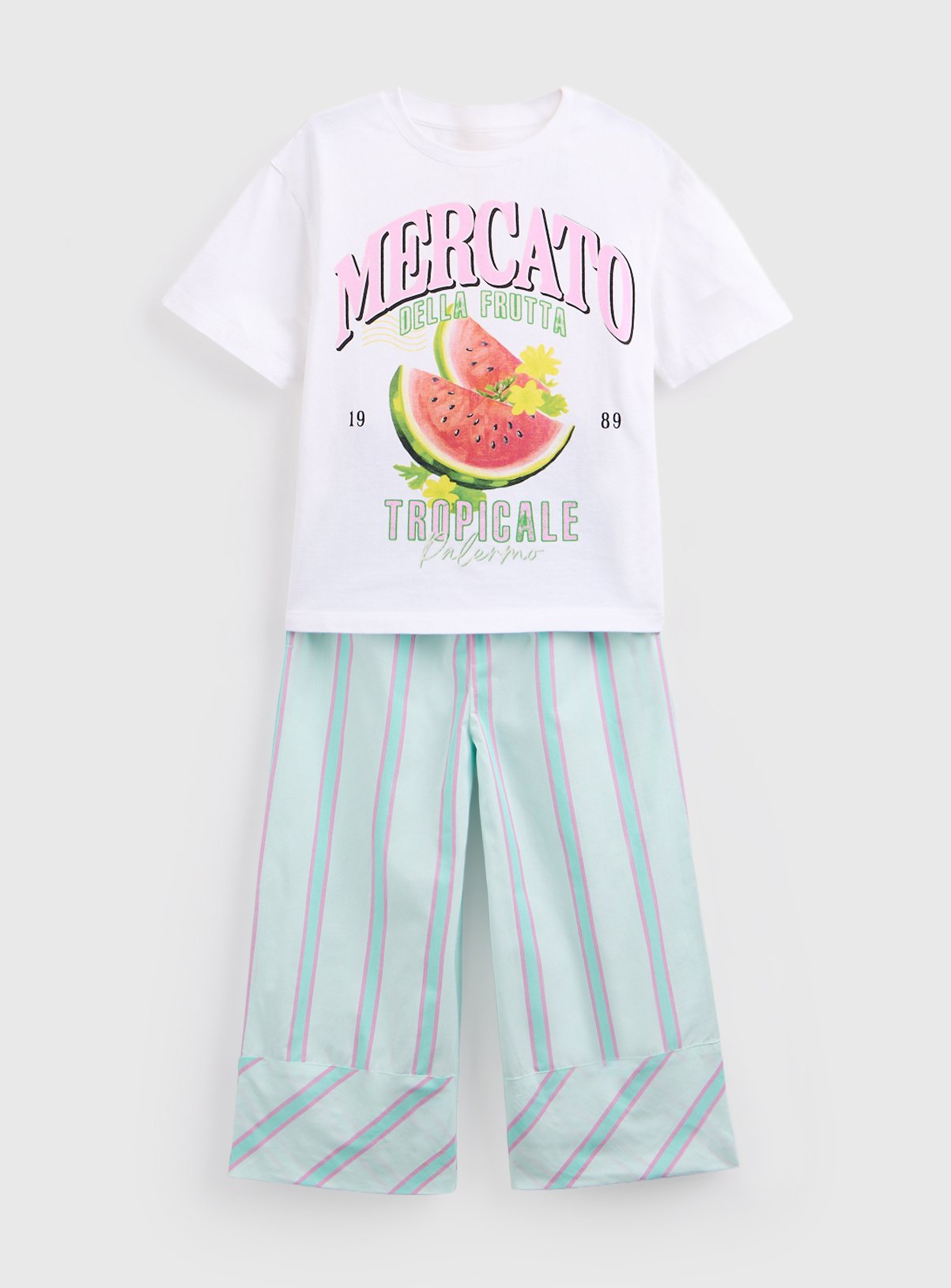 White Watermelon Print T-Shirt & Striped Trousers Set 9 years