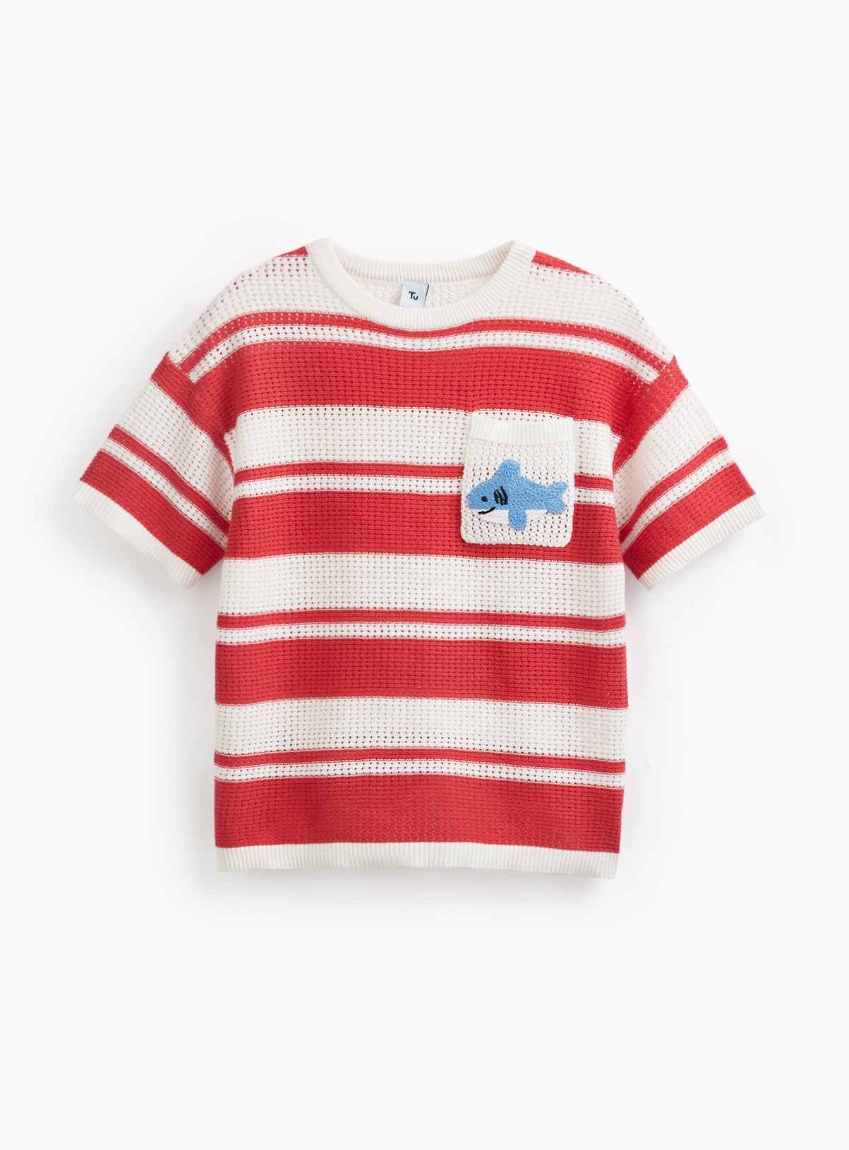 Red Stripe Knitted Shark Motif T-Shirt