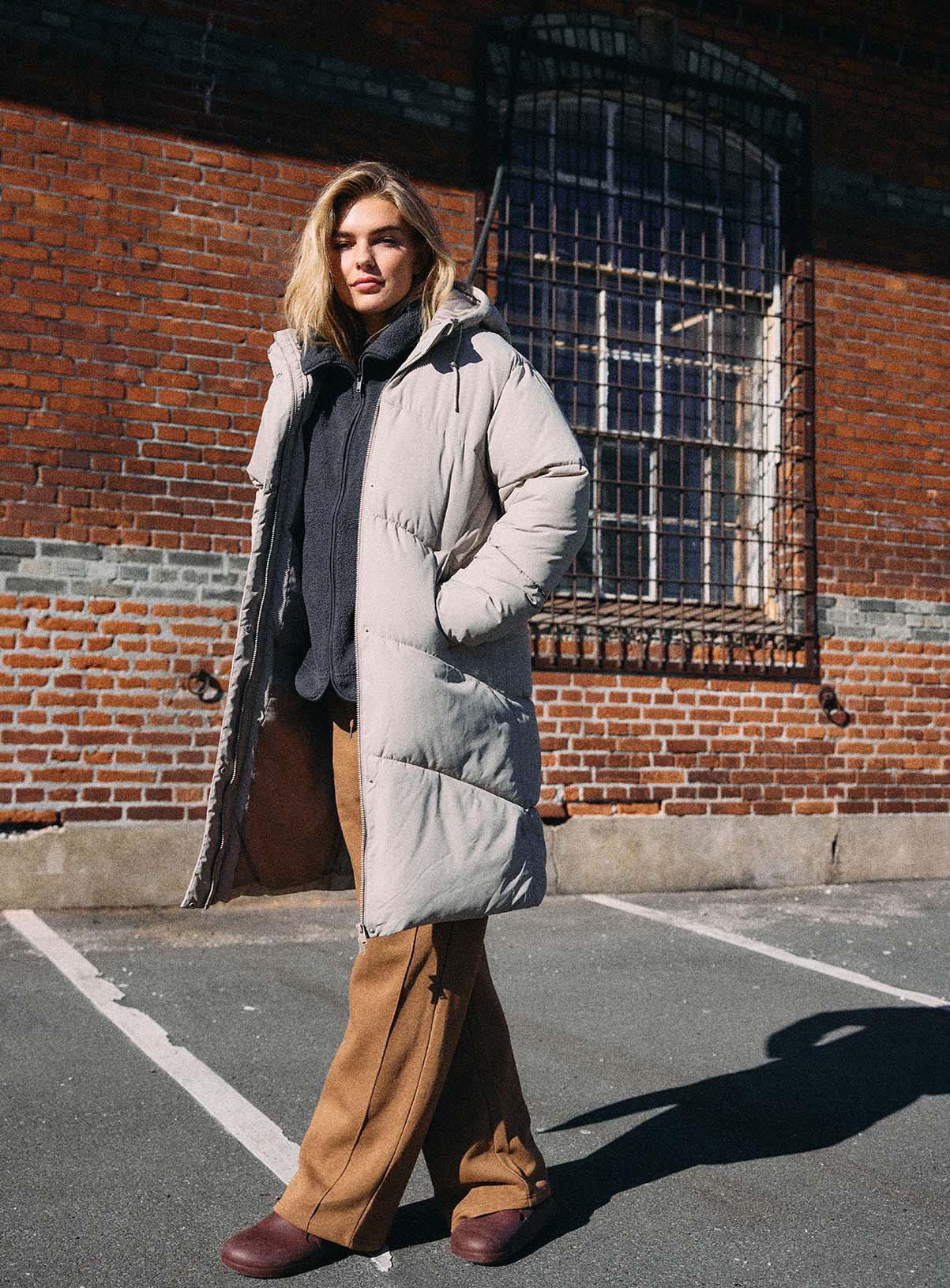 NOISY MAY Long Puffer Coat In Beige