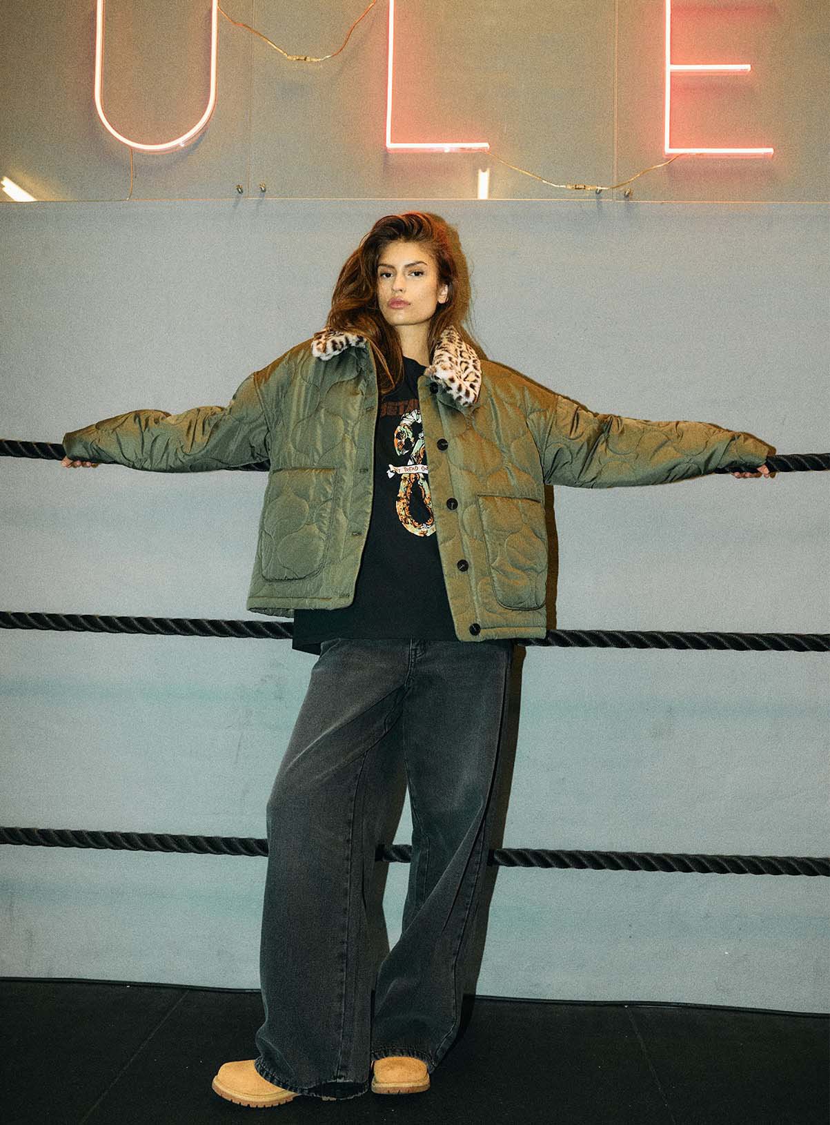 NOISY MAY Quilted Jacket With Faux Fur Collar 