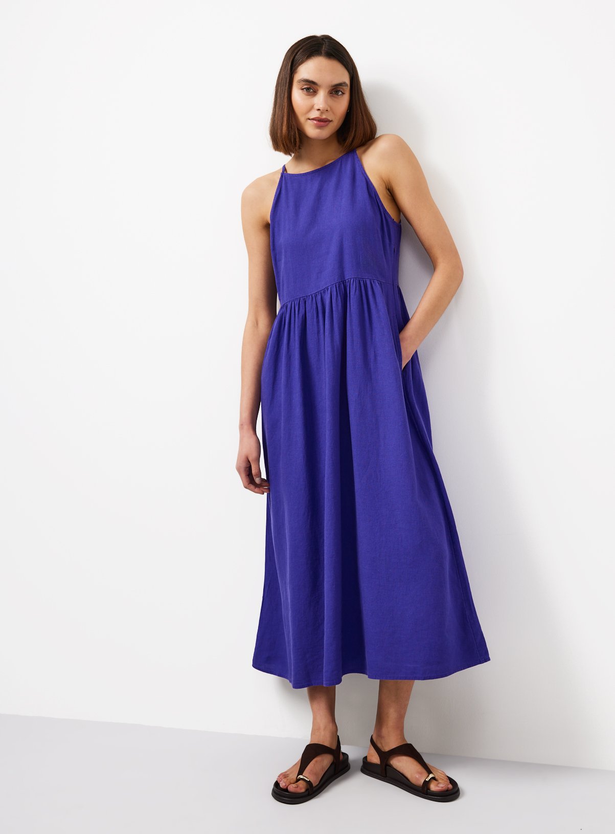Blue Linen Blend Linen Waisted Dress 18