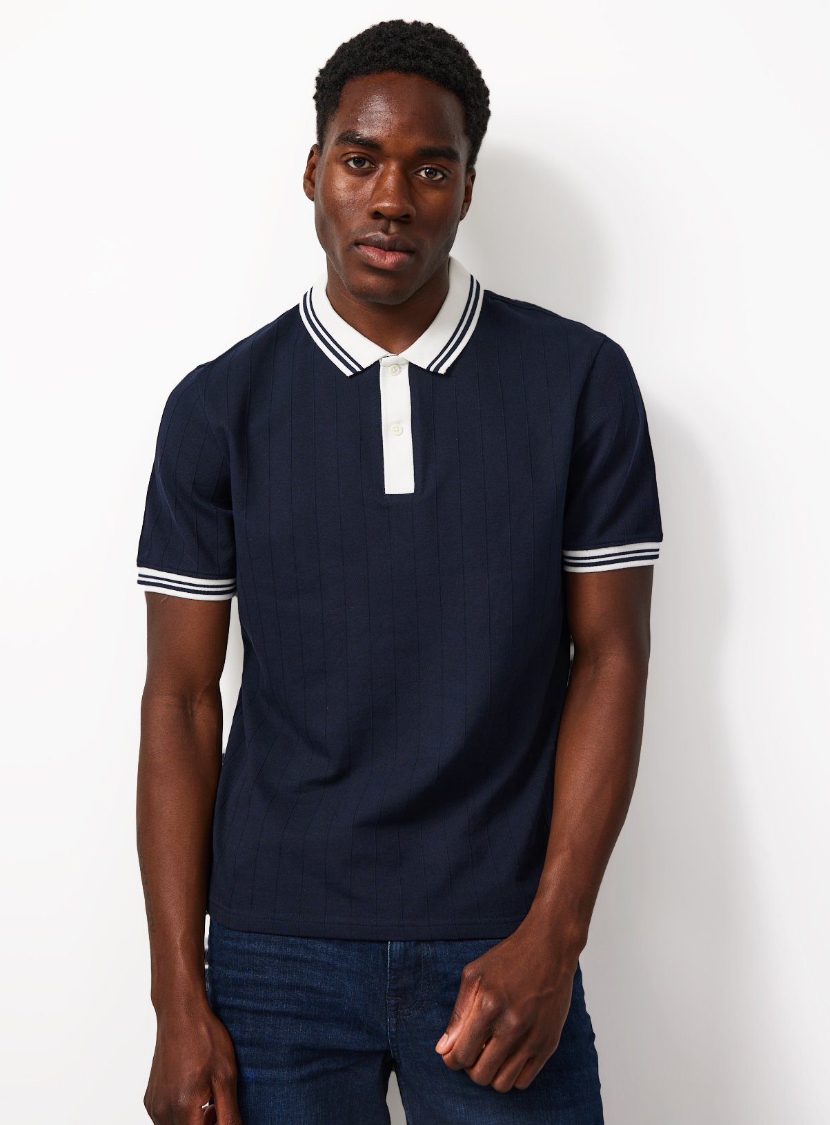 Navy Textured White Tipped Polo Shirt XL