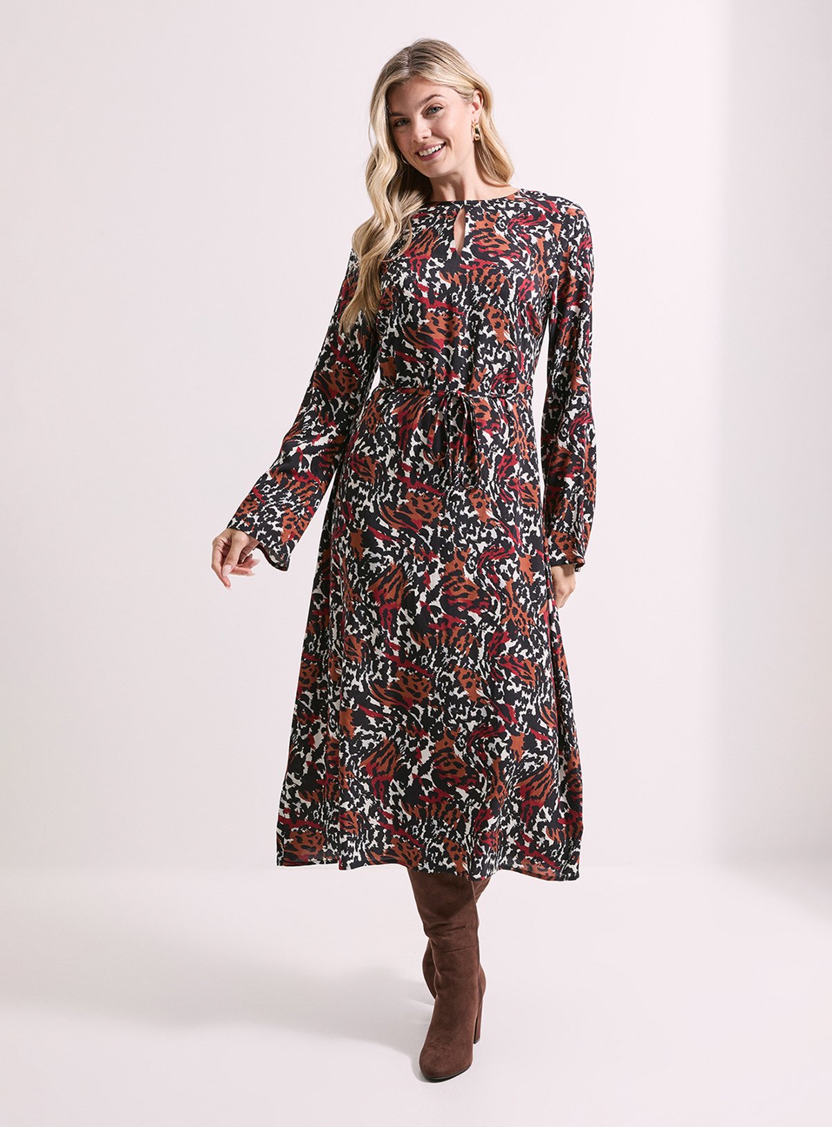 DOROTHY PERKINS Animal Keyhole Belted Long Sleeve Midi Dress