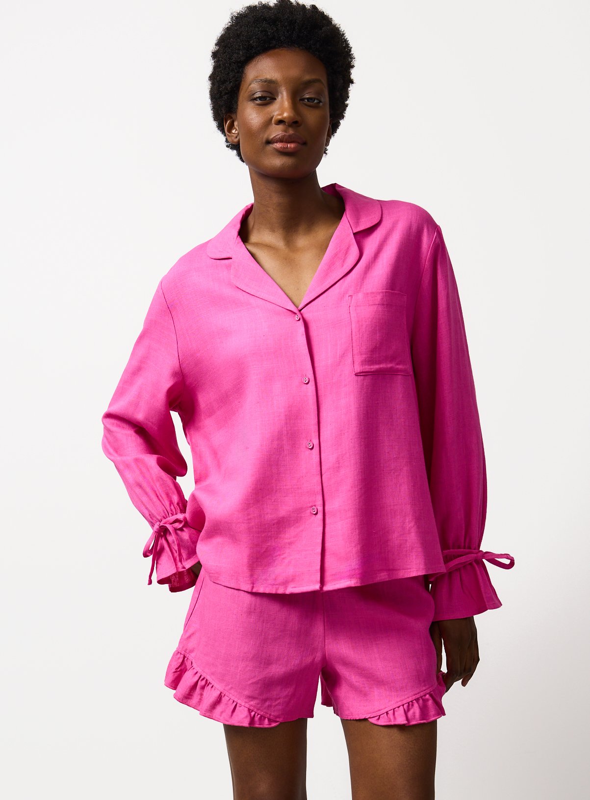 Pink Frill Detail Shortie Traditional Pyjamas with Linen 