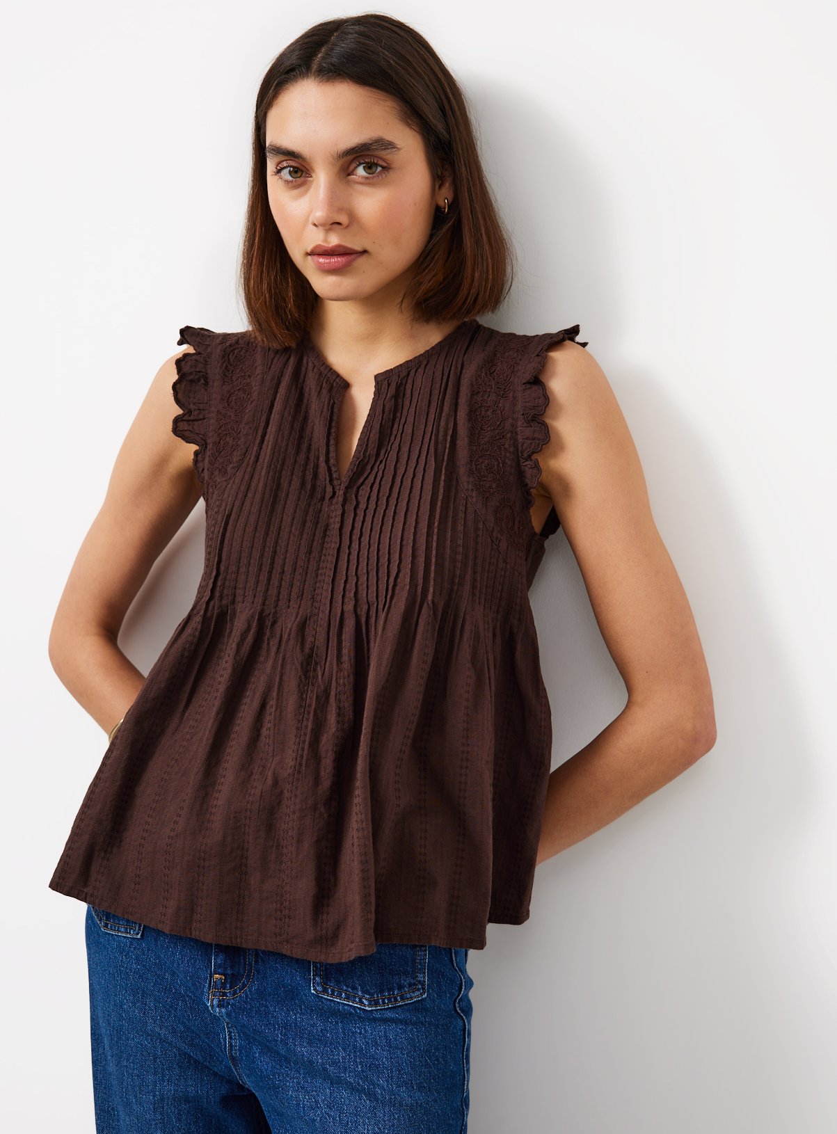  Brown Pintuck Notch Neck Shell Top 6