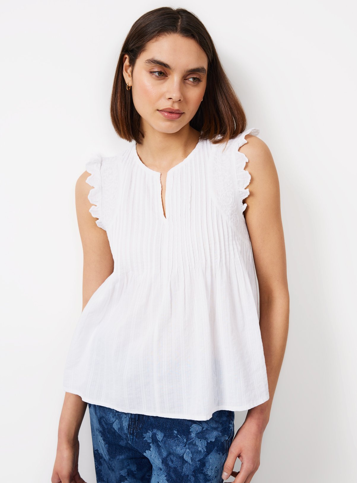  White Pintuck Notch Neck Shell Top 8