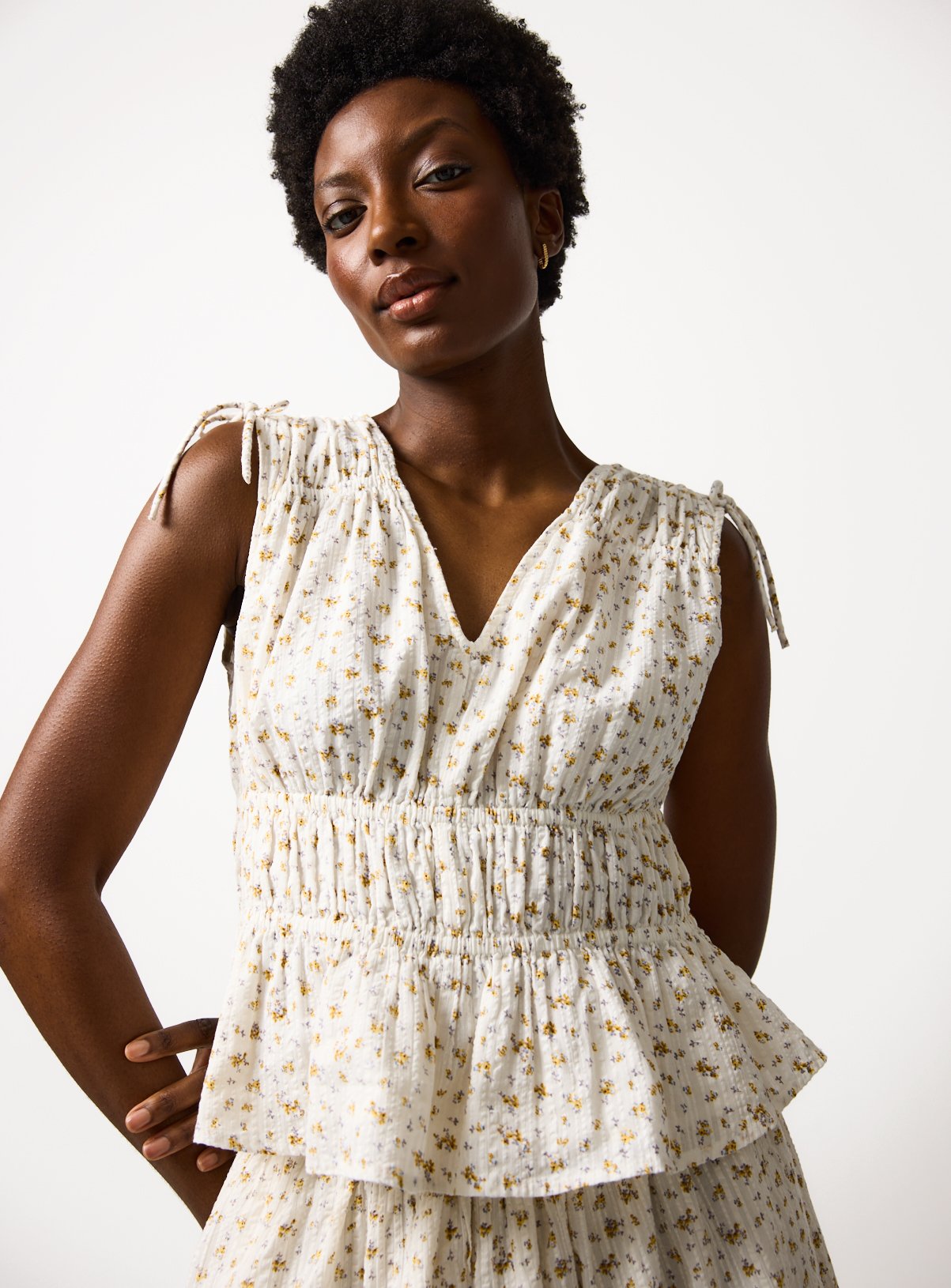 Cream Floral Print Shirred Sleeveless Co-ord Top 6