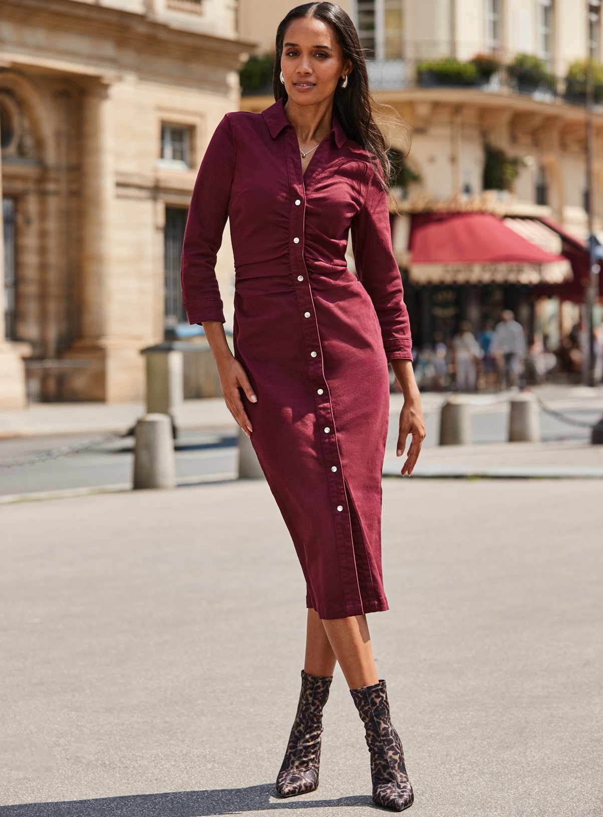SOSANDAR Burgundy Ruched Waist Denim Dress 