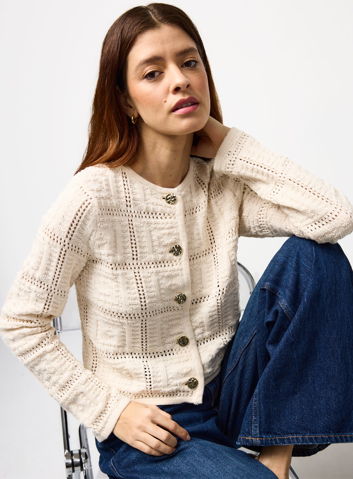 Grey Patchwork Gold Button Detail Cardigan 