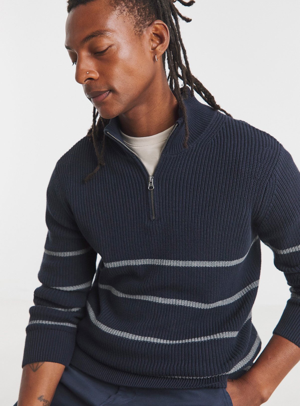 JACAMO Fisherman Stripe 1/4 Zip Knitted Jumper 