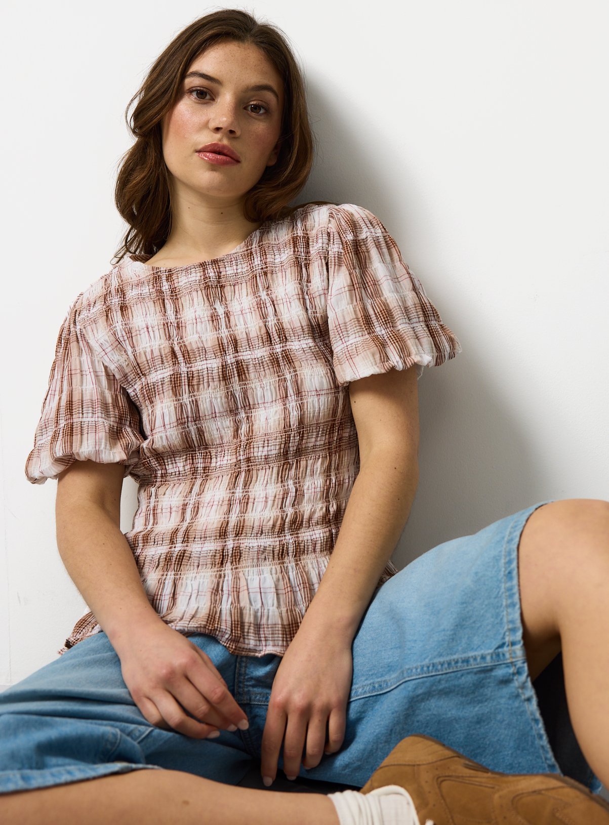 Checked Shirred Woven Top