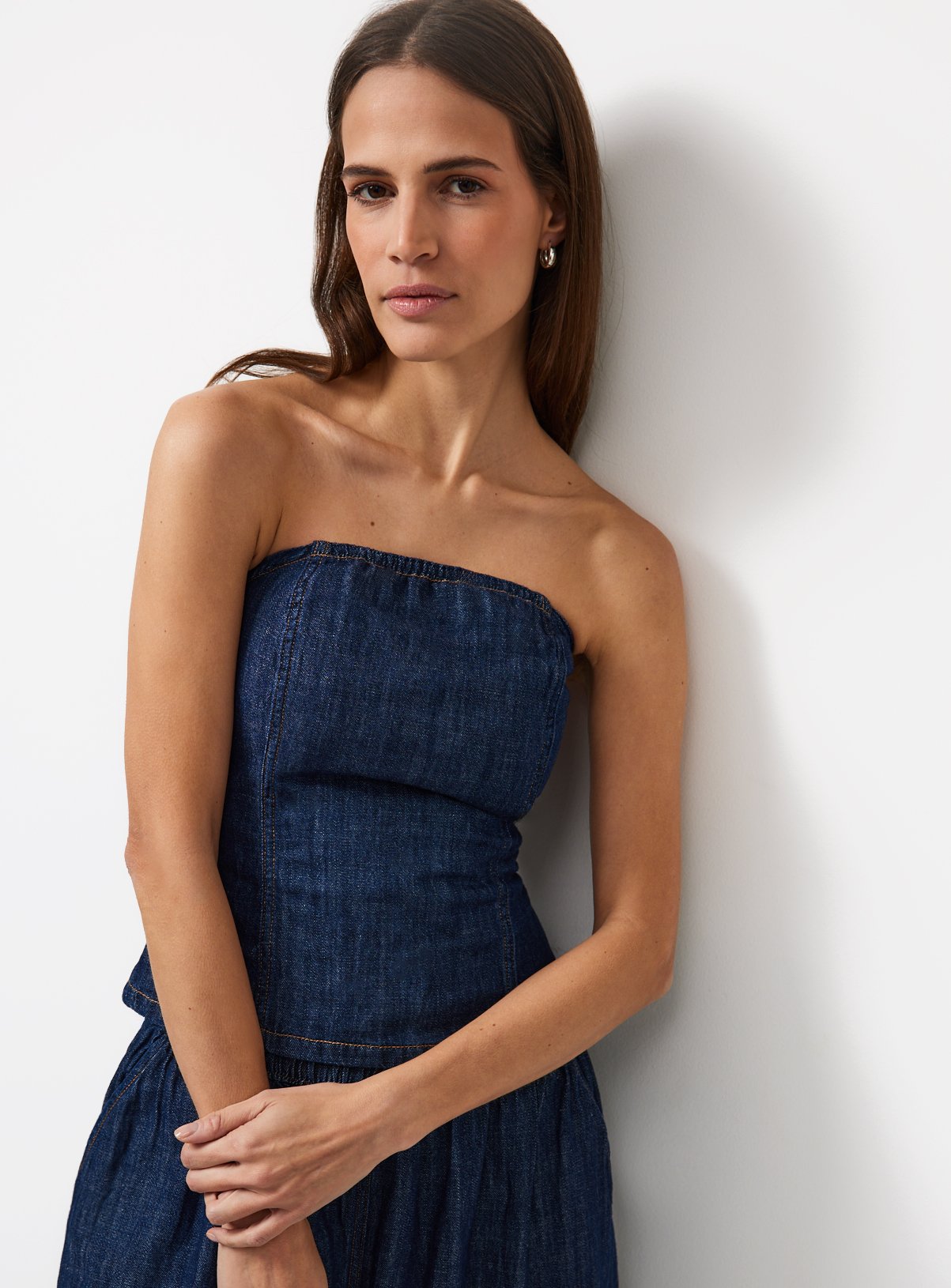 Dark Denim Linen Blend Bandeau Co-ord Top 