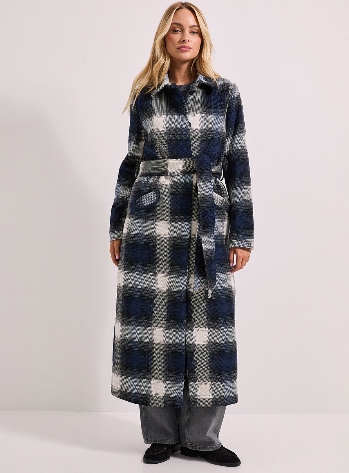 DOROTHY PERKINS Check Detail Belted Coat Navy