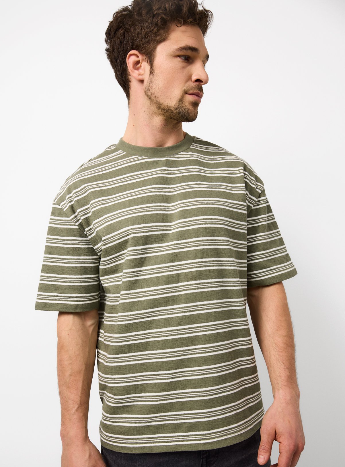 Khaki Stripe Textured Relaxed Fit T-Shirt XL