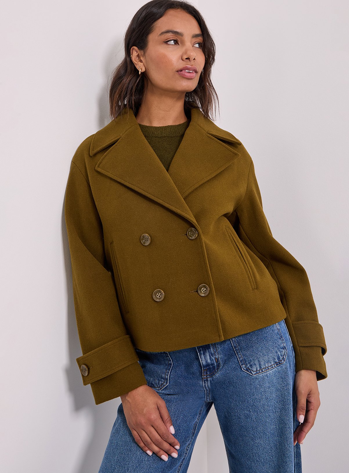 DOROTHY PERKINS Cuff Detail Wide Collared Short Coat Olive 