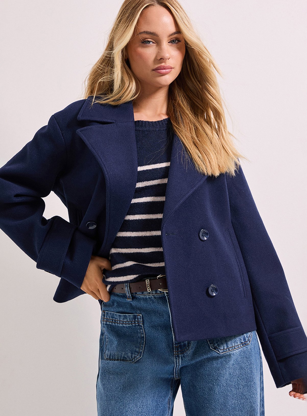 DOROTHY PERKINS Cuff Detail Wide Collared Short Coat Navy