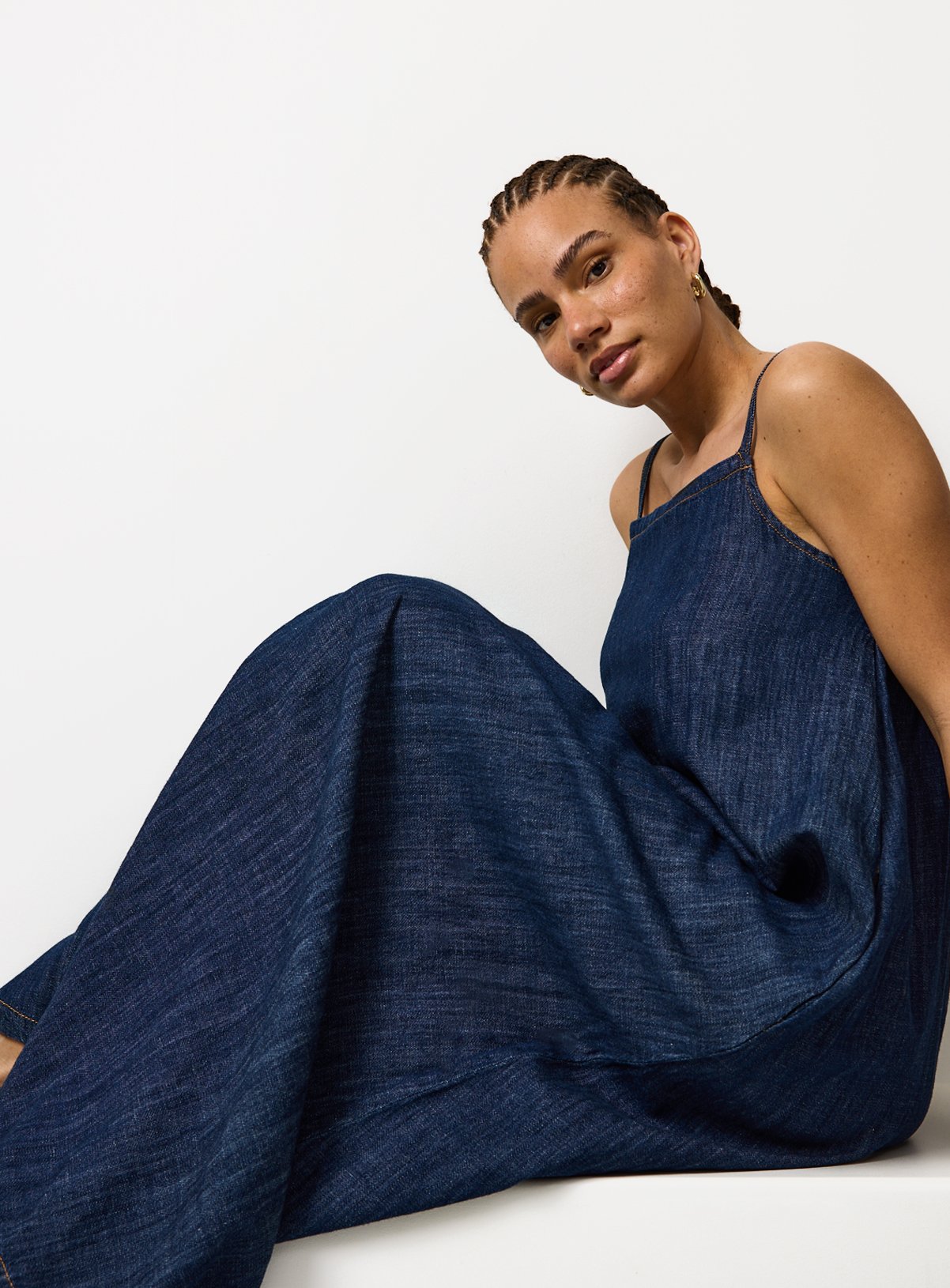 Dark Denim Square Neck Maxi Pinafore Dress 