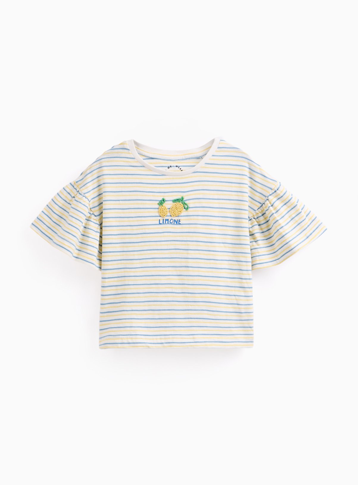 White & Blue Stripe Lemon Print Fluted Sleeve T-Shirt